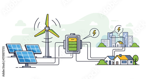 Power your home with renewable energy from the sun and wind using solar panels a wind turbine and a battery for sustainable living, Generative AI.