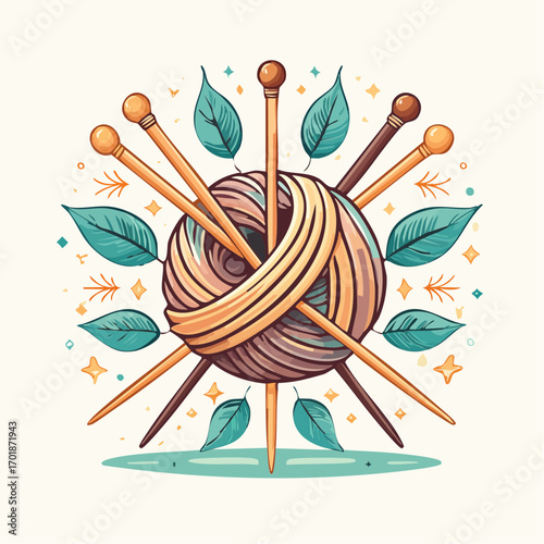 Yarn Ball With Knitting Needles And Leaves
