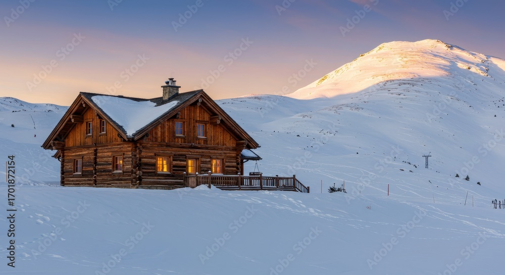 Fototapeta premium Cozy Wooden Cabin in Snowy Landscape with Mountain Peak Under Golden Hour Light