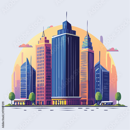 Pixel Art Cityscape with Skyscrapers at Sunset