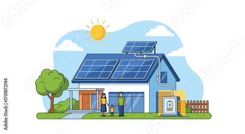 Happy family embraces green living with solar panels on their roof powering a sustainable lifestyle for a brighter future and clean energy solution, Generative AI.