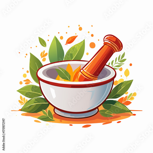 White Mortar and Pestle with Autumn Leaves on Orange Background