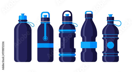 A Collection of Dark Blue Water Bottles with Light Blue Accents for Hydration and Lifestyle