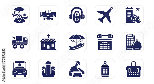 A Comprehensive Collection of Travel and Transportation Icons Representing Diverse Modes of Journeys and Logistics
