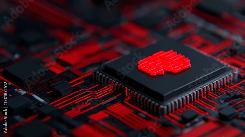 A close-up of a red and black circuit board featuring a prominent microchip design, reflecting technology and innovation.