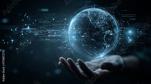 A futuristic hand holds a glowing, digital Earth, surrounded by abstract data streams and technology, symbolizing innovation and global connectivity.