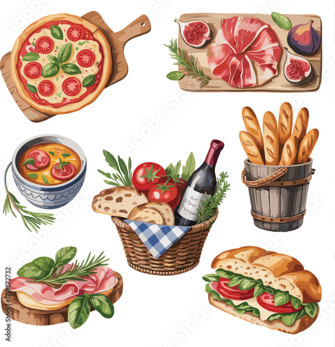 Italian food spread with pizza soup bread prosciutto figs and sandwich tomato soup baguette