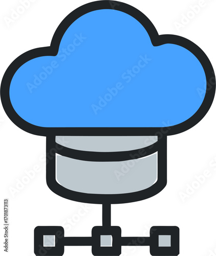 A stylized icon depicting edge computing: a cloud symbol layered over a database, connected to multiple nodes, representing decentralized data processing and real-time responsiveness.