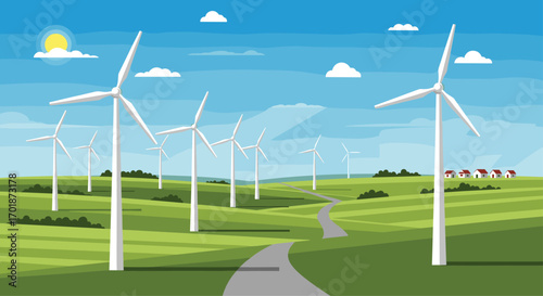Discover clean energy with wind turbines and a scenic landscape perfect for illustrating sustainability environmental awareness and modern technology, Generative AI.