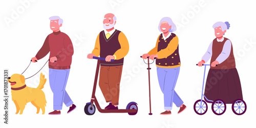 Happy diverse seniors enjoying outdoor activities with a dog and scooters on a white background