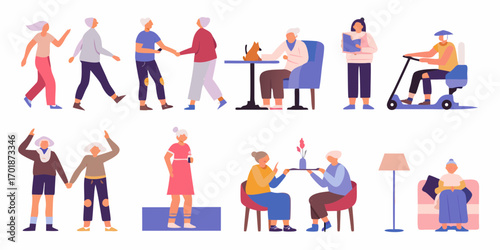 Diverse group of elderly people enjoying various activities and hobbies in a flat design style
