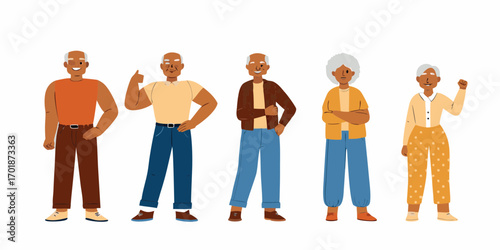 Diverse group of smiling senior men and women standing together confidently in casual clothing