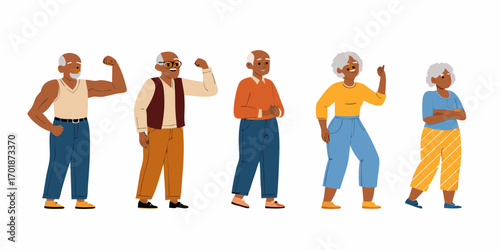 Diverse group of five elderly black men and women standing confidently and showing strength