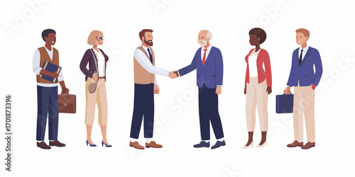Diverse group of business professionals in formal attire standing together and shaking hands in agreement