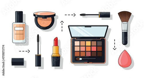 Professional makeup kit with foundation eyeshadow palette and lipstick ready for beauty tutorials and cosmetic product presentations, Generative AI.