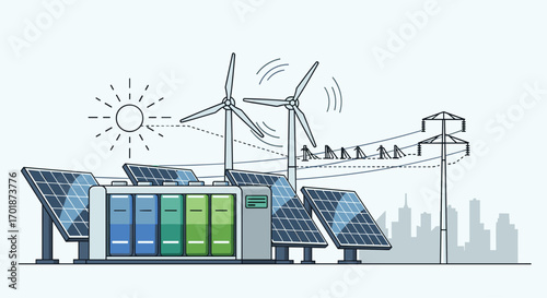 Imagine a greener tomorrow with wind turbines solar panels and battery storage creating a sustainable energy future for a modern cityscape, Generative AI.