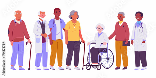 Diverse group of elderly patients and medical professionals standing together with canes and wheelchairs