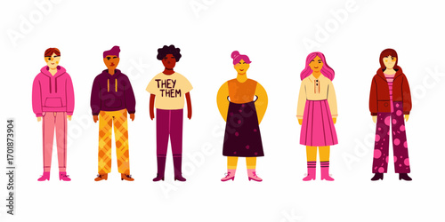 Diverse group of people wearing colorful modern clothing standing together with pride and individuality