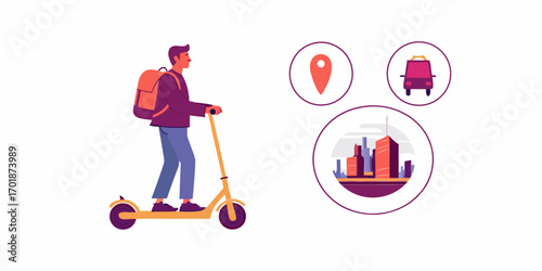 Man riding electric scooter with delivery backpack near city icons for transportation and navigation