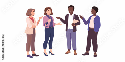 Diverse group of four professionals in casual business attire engaged in conversation and discussion