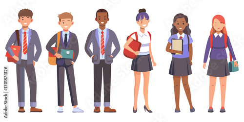 Diverse group of smiling students in school uniforms carrying backpacks and books
