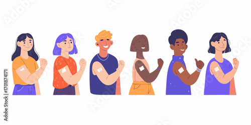 Diverse group of smiling people showing off their vaccination band aids on white background