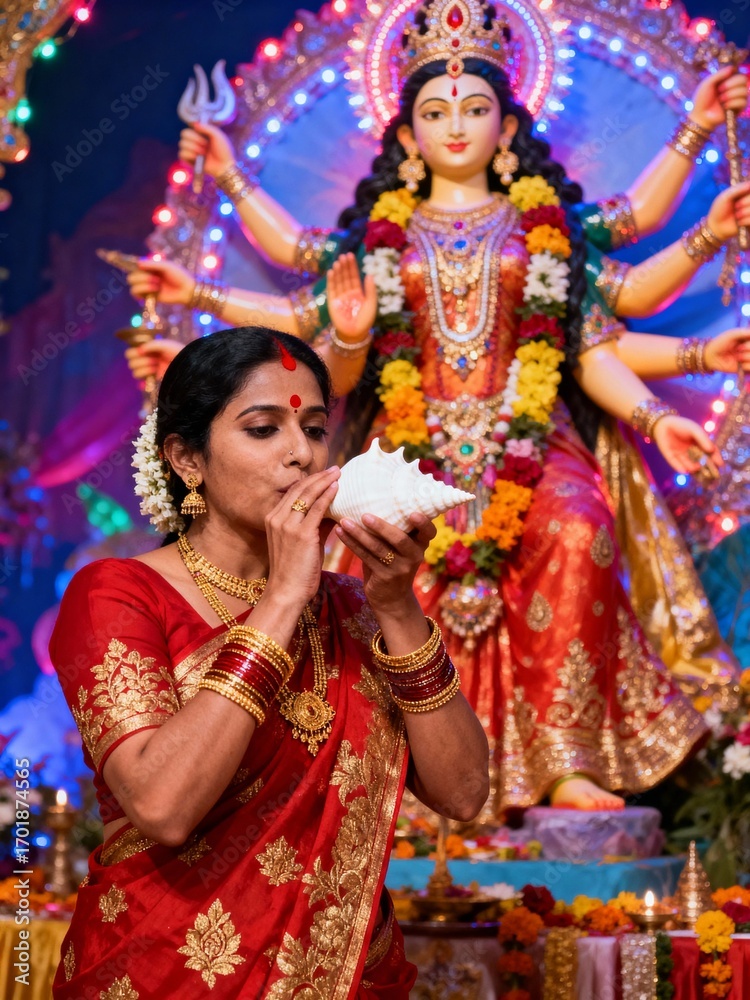 Fototapeta premium Devotee and Goddess: A woman in a traditional red sari, adorned with gold jewelry, blows a conch shell in front of a vibrant Durga idol, capturing a moment of reverence and spiritual connection.