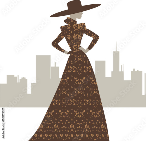 Woman in patterned dress and wide brim hat against city skyline fashion style