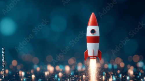 Wallpaper Mural A sleek, red-and-white rocket is launching against a blurred, blue background filled with glowing lights, symbolizing innovation and exploration. Torontodigital.ca
