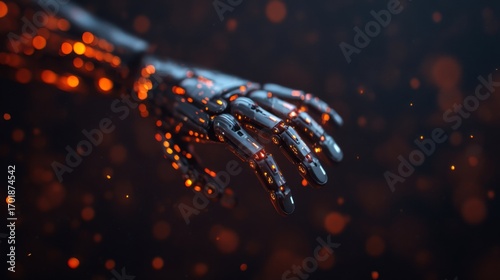Wallpaper Mural A futuristic robotic hand with glowing elements, set against a dark background filled with shimmering particles. Torontodigital.ca