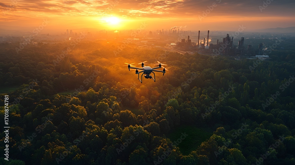 Fototapeta premium A drone flies over a lush forest during a golden sunset with an industrial complex in the distance