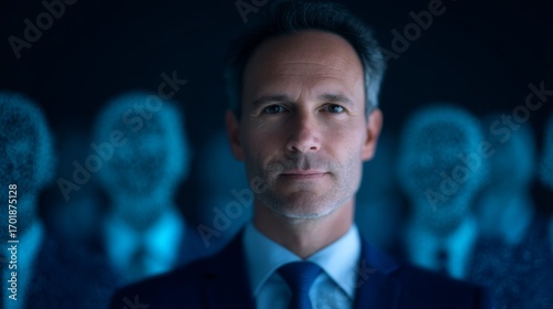 Wallpaper Mural A confident man stands in focus against a backdrop of indistinct, digital figures, embodying themes of leadership and technology. Torontodigital.ca