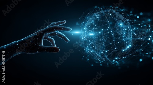 Wallpaper Mural A digital hand reaches towards a glowing, interconnected sphere, symbolizing technology and connectivity in a futuristic setting. Torontodigital.ca