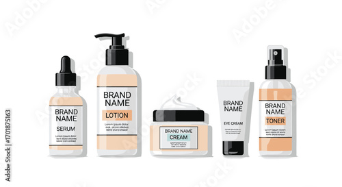 Luxury skincare product branding with serum lotion cream eye cream and toner bottles for beauty and cosmetic businesses, Generative AI.