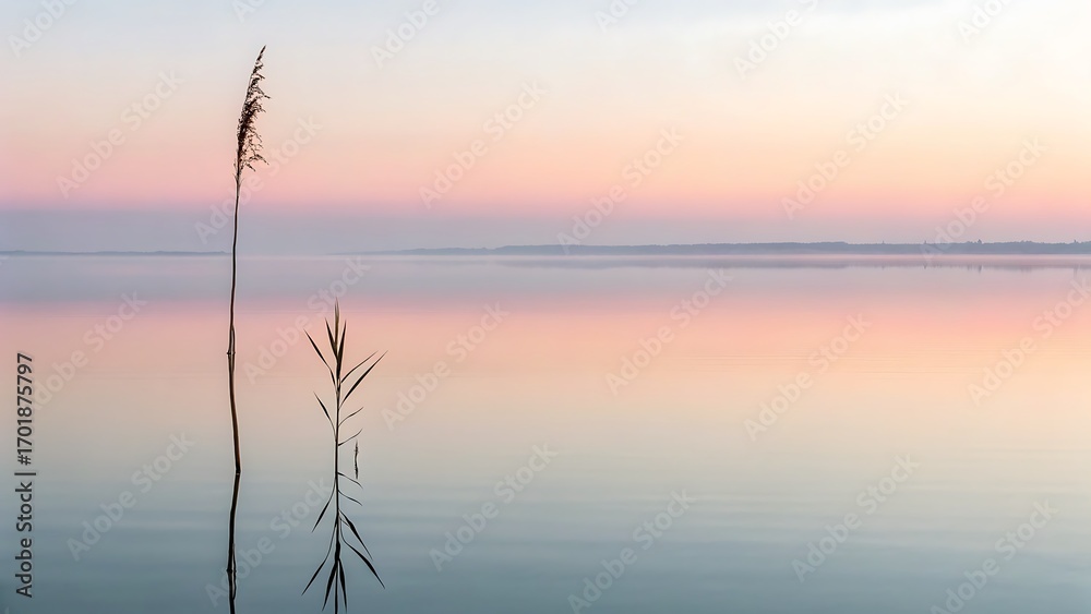 Fototapeta premium Tall grasses in a calm lake under a soft sky. Suitable for naturethemed designs and print materials.