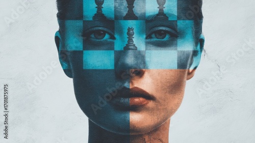 Wallpaper Mural A digital artwork blending a human face with chessboard patterns, symbolizing strategy and intellect through the game of chess. Torontodigital.ca