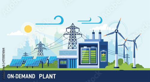 Visualize sustainable energy solutions with solar panels wind turbines and battery storage facility in a modern power plant setup for a brighter future, Generative AI.