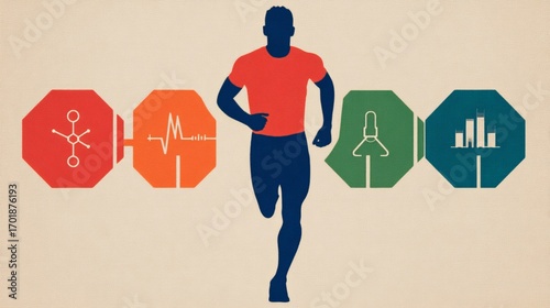 Wallpaper Mural A silhouette of a runner with health and fitness icons, symbolizing wellness, exercise, and progress in various aspects of life. Torontodigital.ca