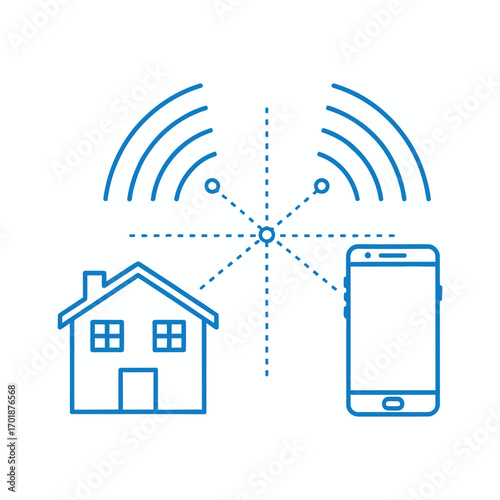 Blue line art icon of a house and smartphone connected by wireless signals smart home