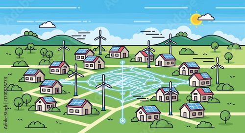 Explore a sustainable community powered by wind turbines and solar panels fostering green energy and a cleaner brighter future for generations, Generative AI.