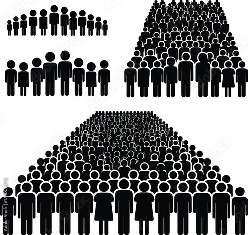 Multiple groups of black stick figure people silhouettes on white background crowd