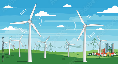 Sustainable energy landscape with wind turbines powering a vibrant city envisioning a clean modern future powered by renewable sources, Generative AI.