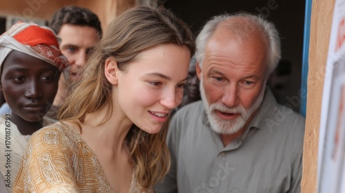 A group of people, including a woman and an elderly man, intensely observing something together, showcasing curiosity and engagement.