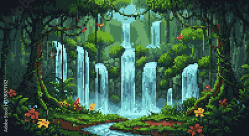 Pixelated Tropical Waterfall Paradise