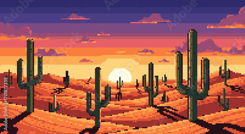 Pixelated Desert Sunset: Cacti and Horizon