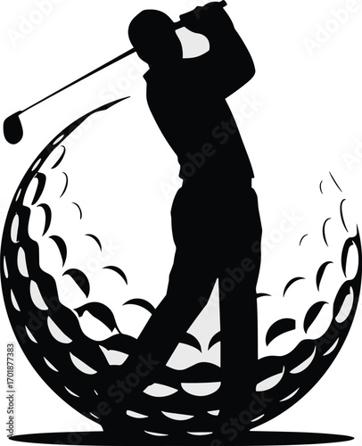 Black silhouette of a golfer swinging a club against a textured golf ball vector