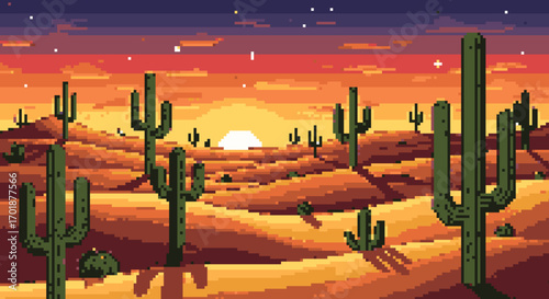 Pixelated Desert Sunset Silhouette