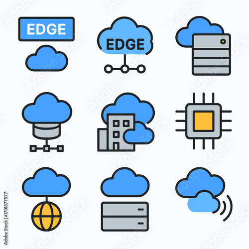 A set of nine colorful icons illustrating the concept of edge computing, depicting cloud servers, data centers, microprocessors, and network connections, ideal for presentations or educational