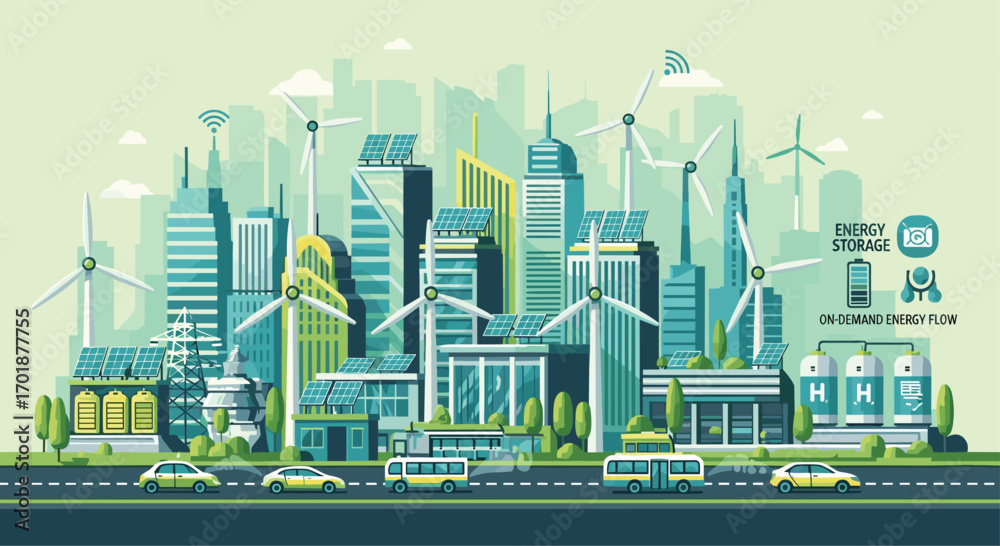 Fototapeta premium Embrace a sustainable future with wind turbines and solar panels in a modern cityscape promoting green energy solutions for a cleaner planet, Generative AI.