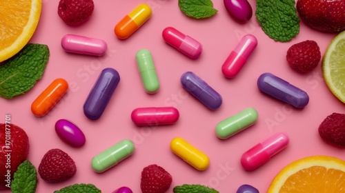 Wallpaper Mural A colorful arrangement of capsules and fresh fruits on a pink background, emphasizing health and vitality. Torontodigital.ca
